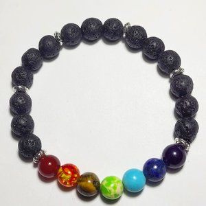 Natural Chakra and Lava Bead Crystal Beaded Bracelet 8mm 8" XL